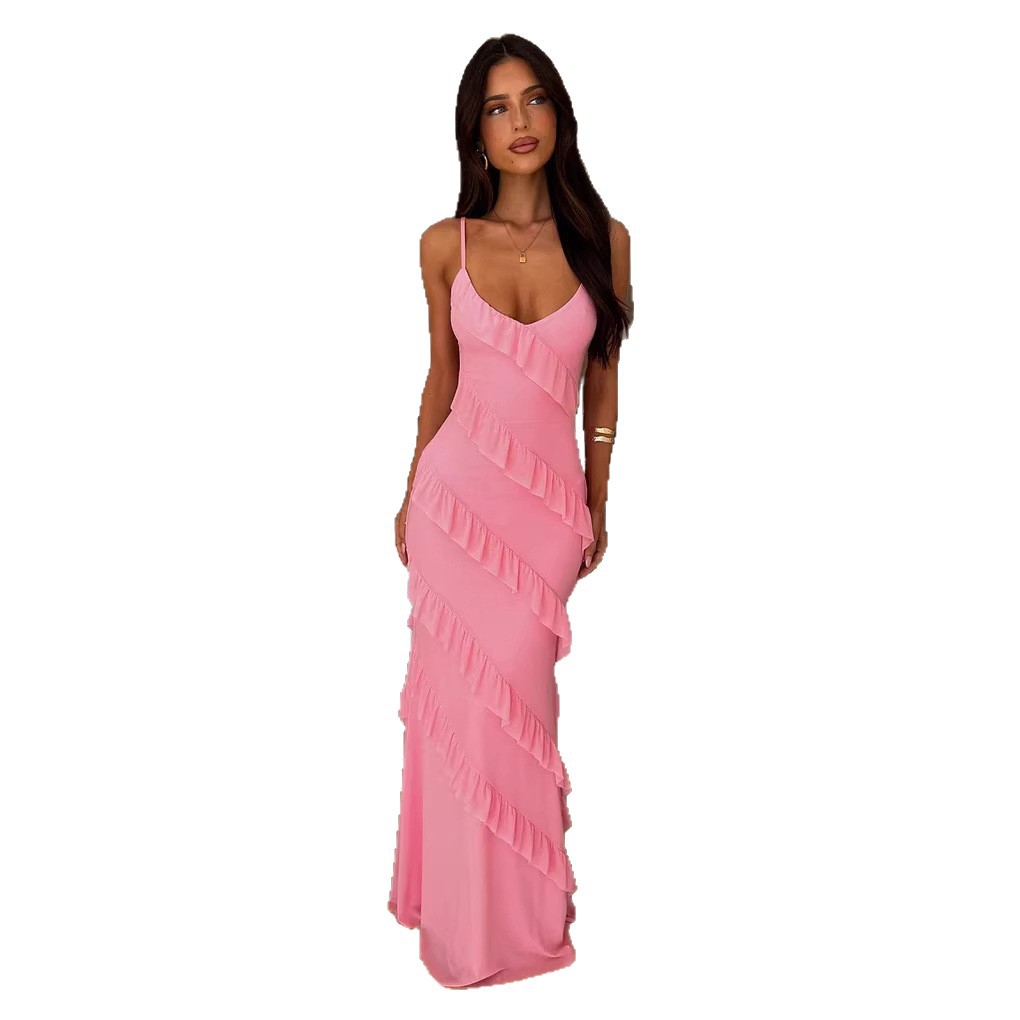 Backless Spaghetti Strap V Neck Dress With