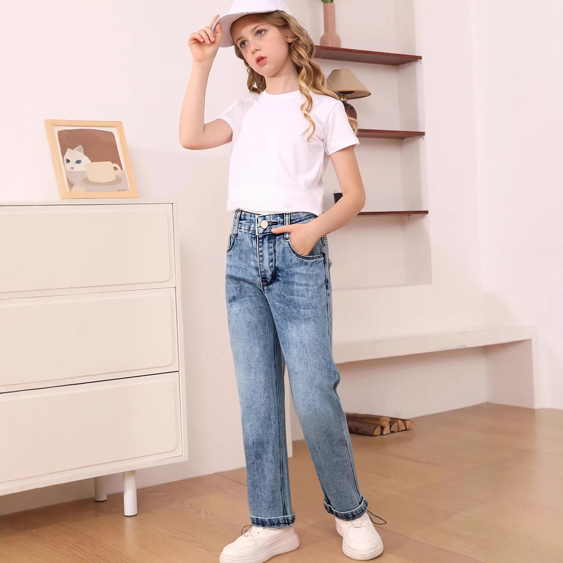 Basic-Style Girls Denim Stretch Trousers