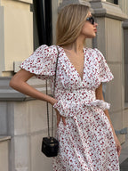 Printed Waist Cinching Puff Sleeve Dress