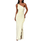 Womens Slant Shoulder Ruffle Front Split Dress