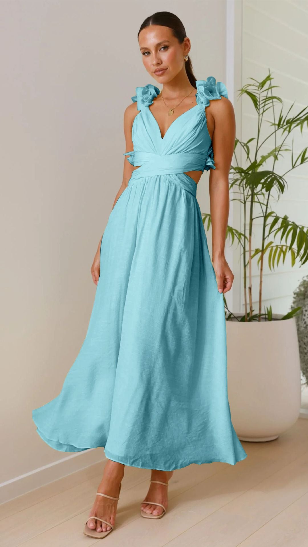 Chiffon Floral Backless Cross Strap Dress