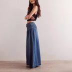 Women's Pleated Mid Waist Lace Up Loose Jeans