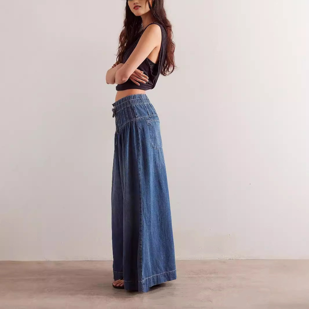 Women's Pleated Mid Waist Lace Up Loose Jeans