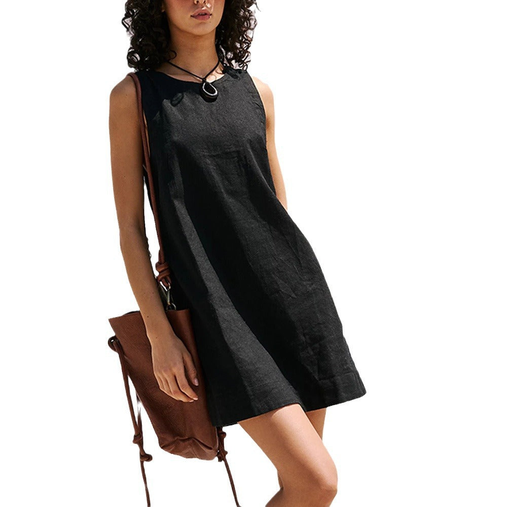 Cotton-linen Vest-back Solid-color Mini Dress Multiple Colors