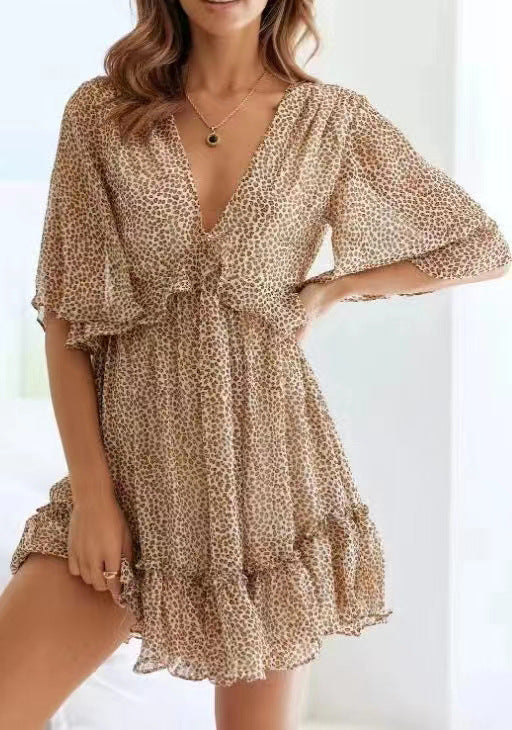 Fashionable Printed V Neck Ruffle Womens Dress