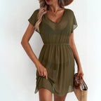 Womens Short Sleeve Waist Cinching Mesh Dress