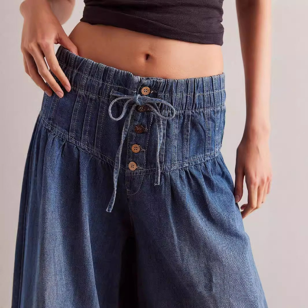Women's Pleated Mid Waist Lace Up Loose Jeans
