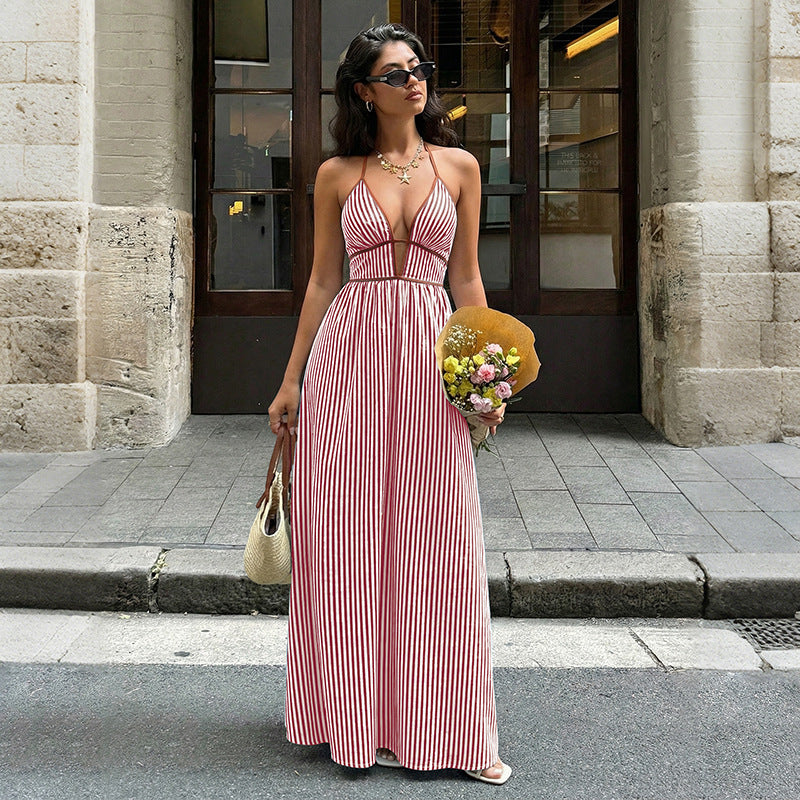 Deep V Neck Striped Resort Dress