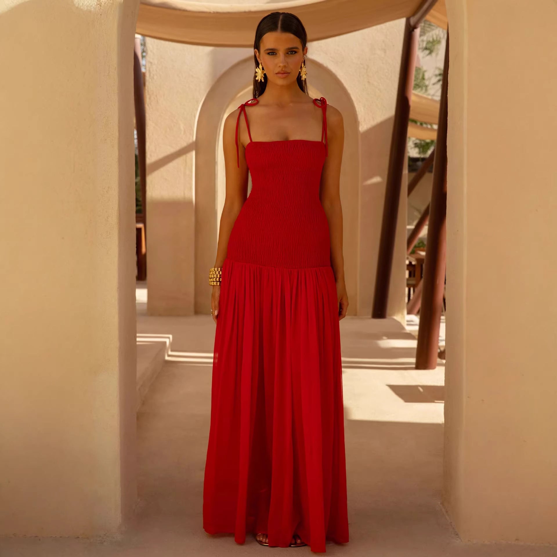 Womens Solid-Colored Sleeveless Slip Pleated Maxi Dress