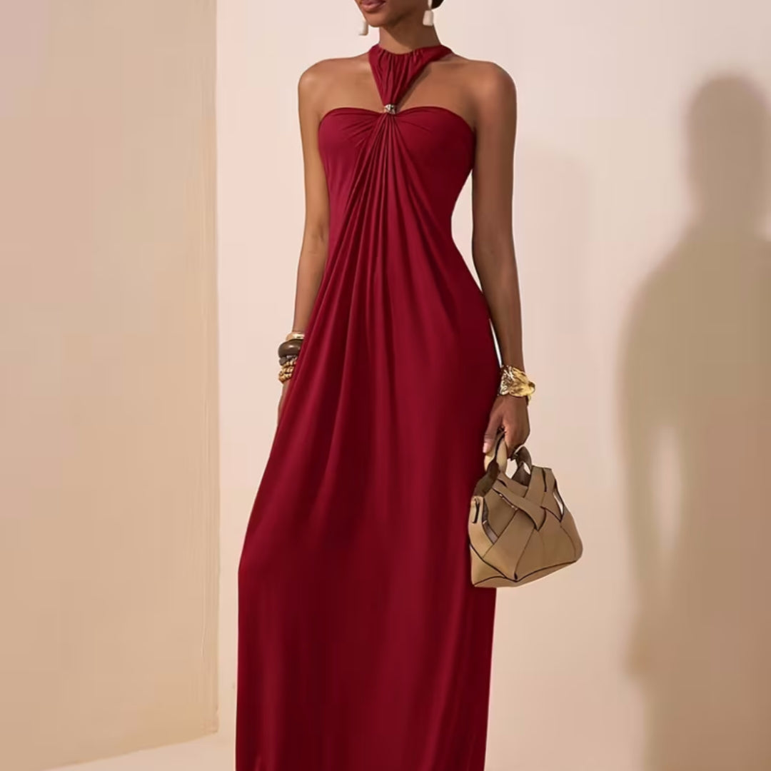 Womens Solid-Colored Halterneck Sleeveless Backless Slim-Fit Dress