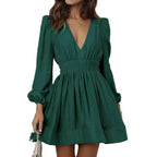 V Neck Waist Cinching Pleated Skirt With