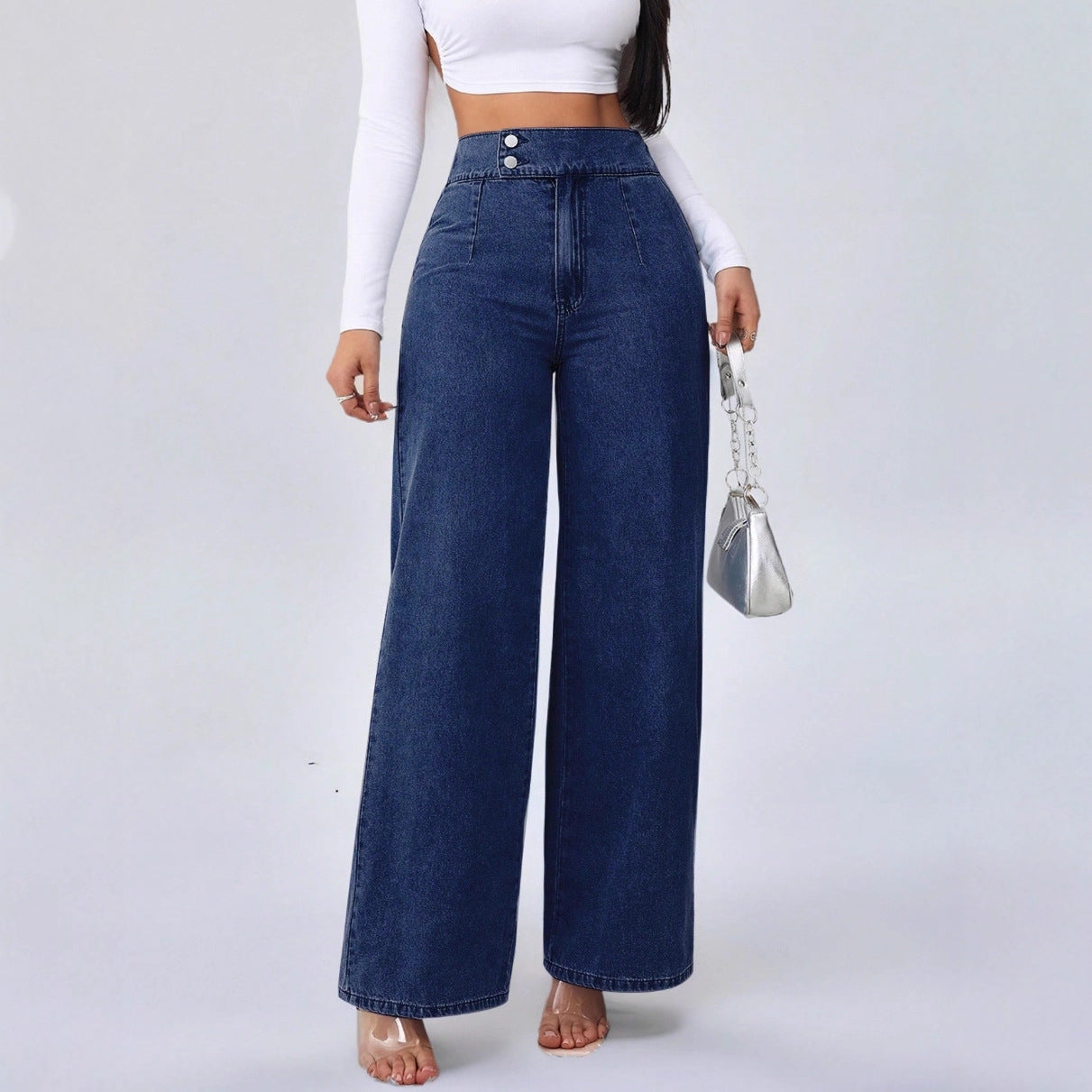 Women's Retro Deep Blue High Waist Wide Leg Jeans