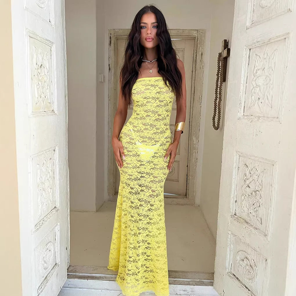 Lace Spliced Strap Backless Long Tube Dress