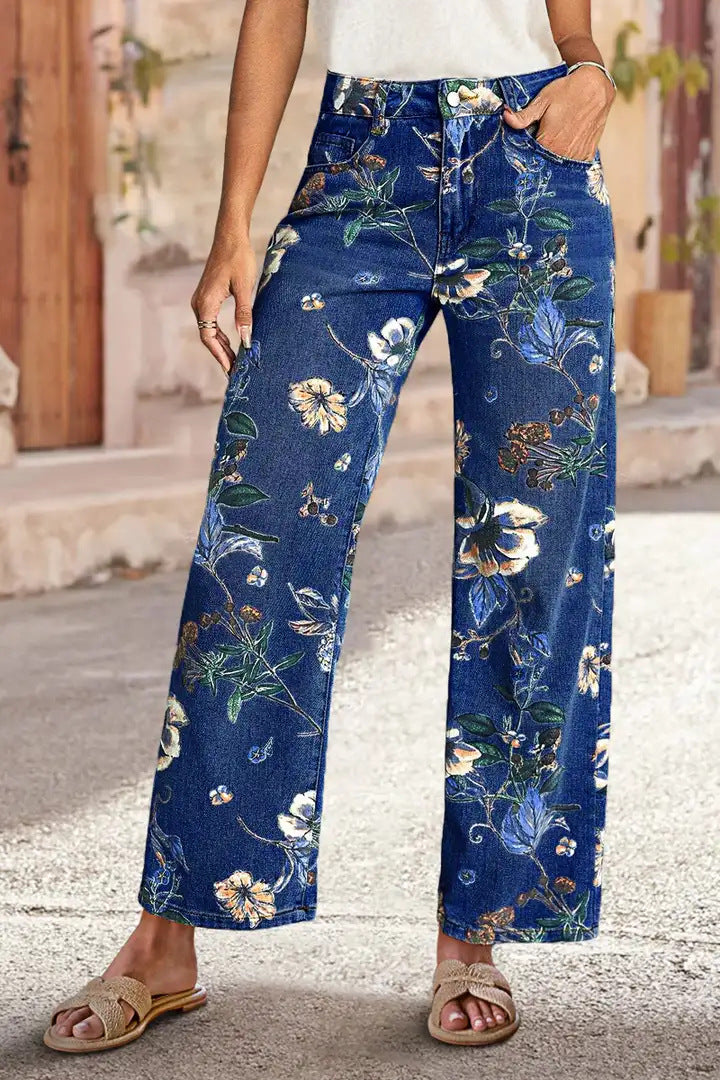 Women's High Waist Straight Leg Vintage Floral Jeans