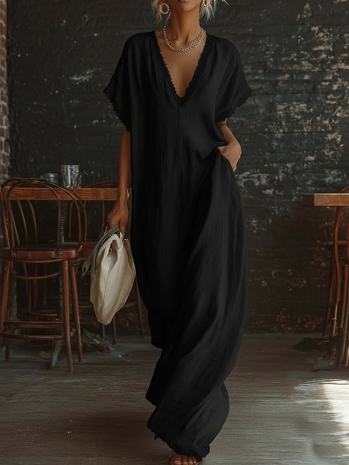 European And American Style Casual Elegant Comfortable Lace-trimmed Loose Linen Cotton Long Dress