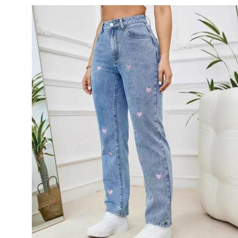 Women's Embroidered Straight Leg Loose Fit Stretch Jeans