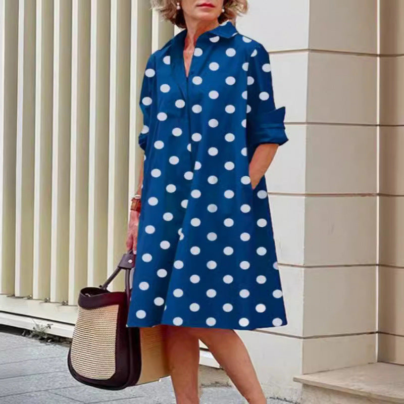Elegant Polka Dot Printed Shirt Collar Mid