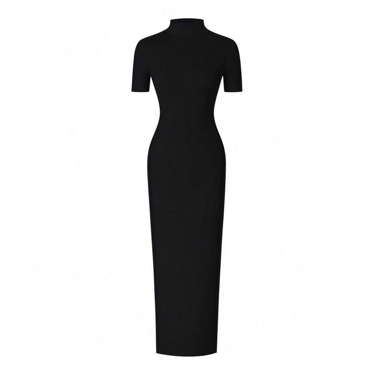 Womens Solid-Colored Short-Sleeve Mock Neck Pleated Slit Dress