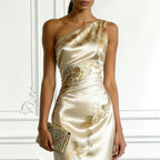 Golden Printed Off Shoulder Slim Fit Long