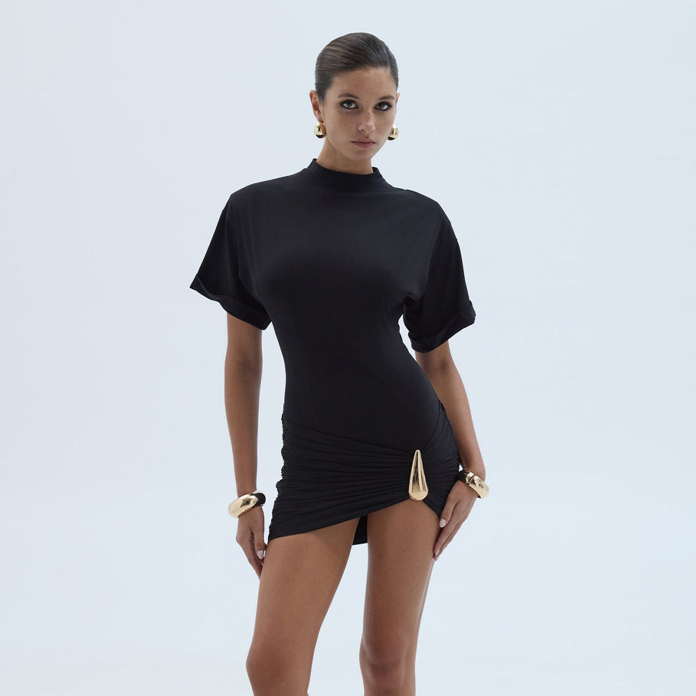 Womens Crew Neck Half Sleeve Pleated Sheath