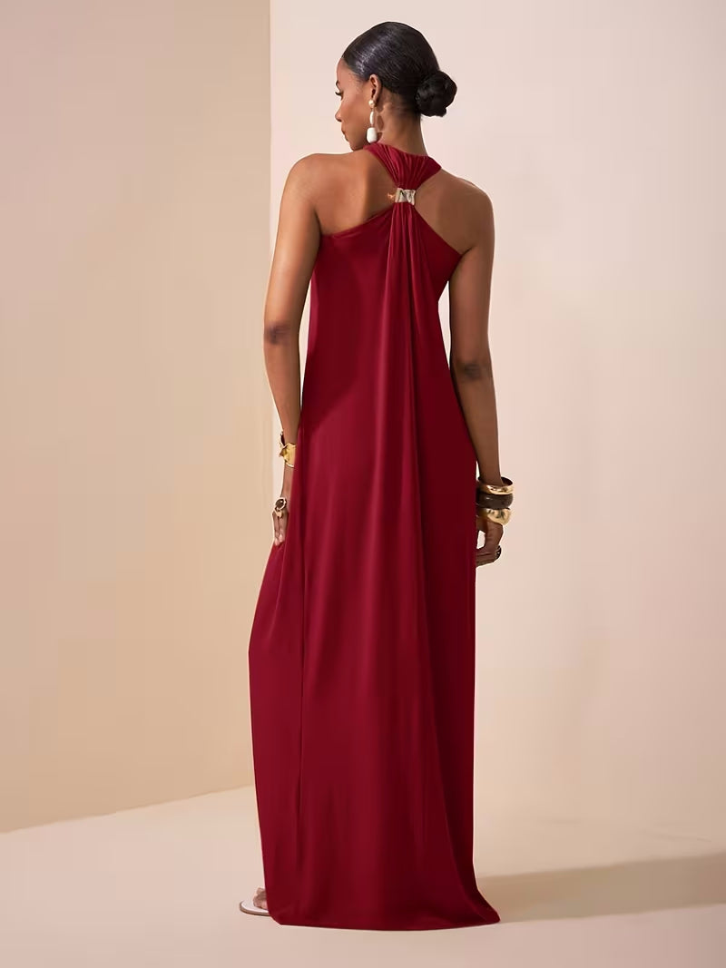 Womens Solid-Colored Halterneck Sleeveless Backless Slim-Fit Dress