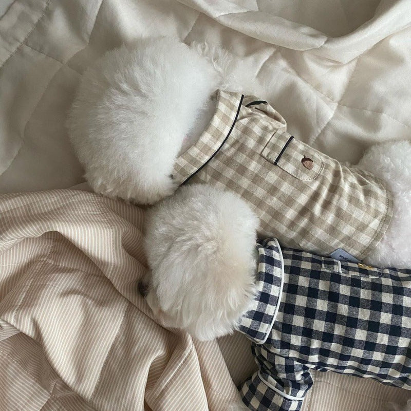 Korea Plaid Khaki Blue Pocket Pajamas For