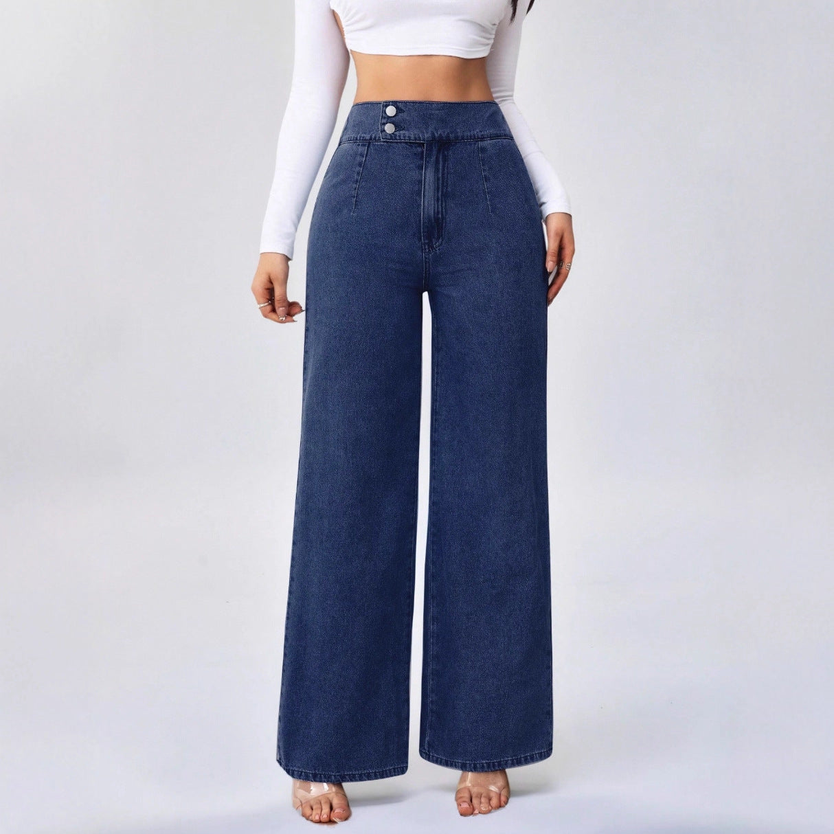 Women's Retro Deep Blue High Waist Wide Leg Jeans