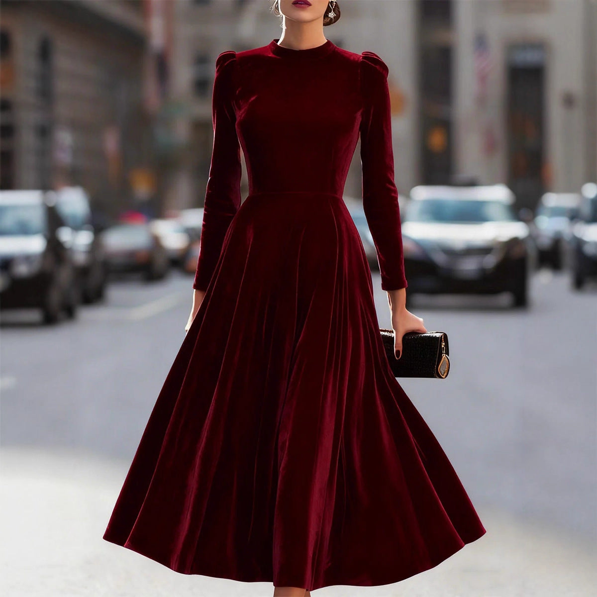 Womens Solid-Colored Casual Velvet Crew-Neck Long-Sleeve Dress