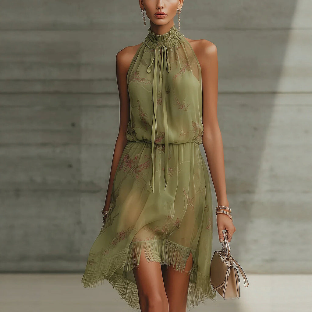 V Neck Waist Trimming Ruffles Elegant Dress