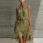 V Neck Waist Trimming Ruffles Elegant Dress