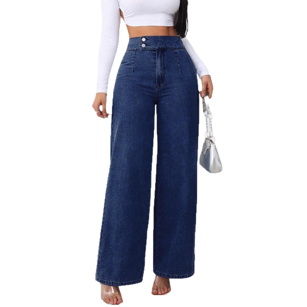 Women's Retro Deep Blue High Waist Wide Leg Jeans