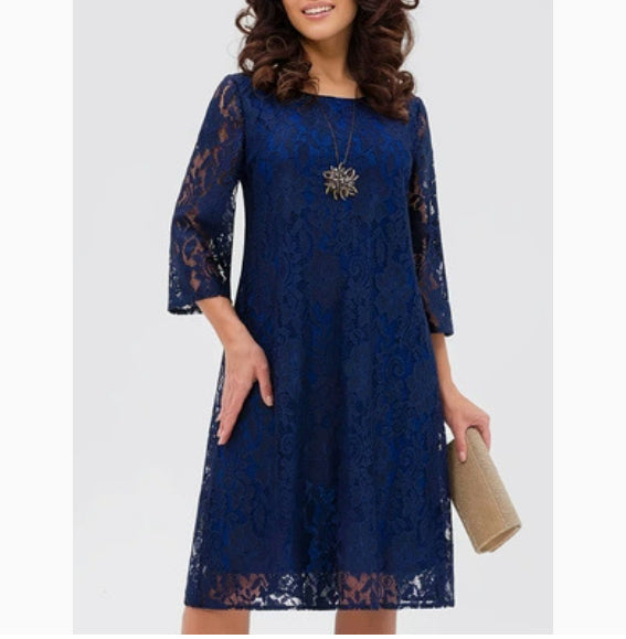 Womens Lace Hollow-Out Round-Neck Three-Quarter-Sleeve Dress