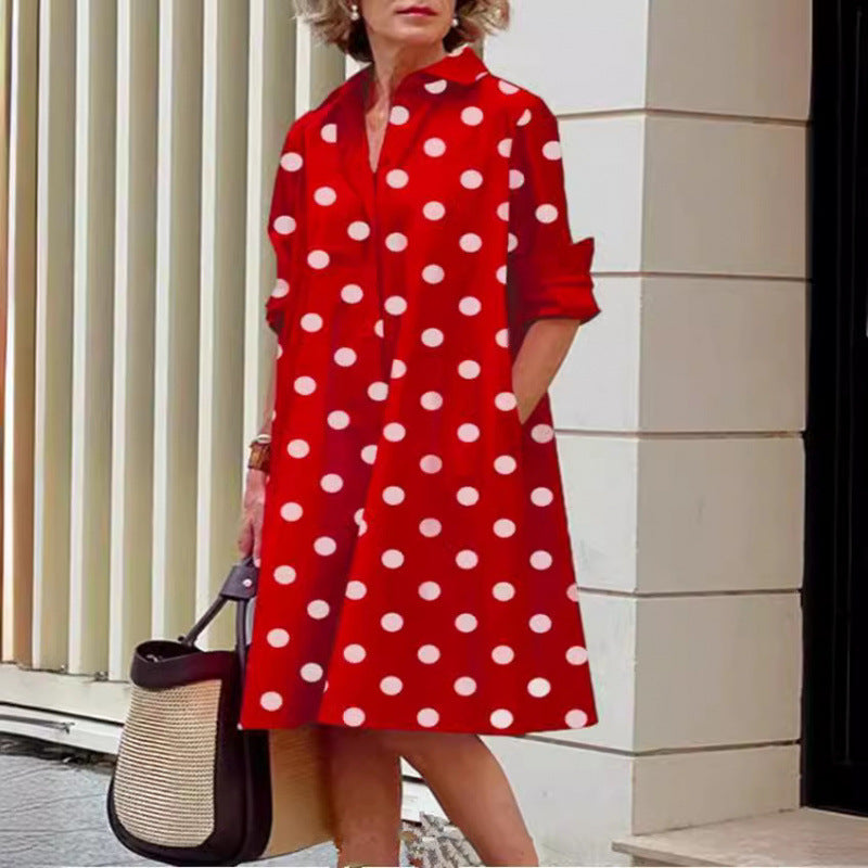 Elegant Polka Dot Printed Shirt Collar Mid