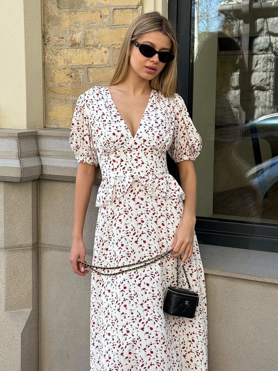 Printed Waist Cinching Puff Sleeve Dress