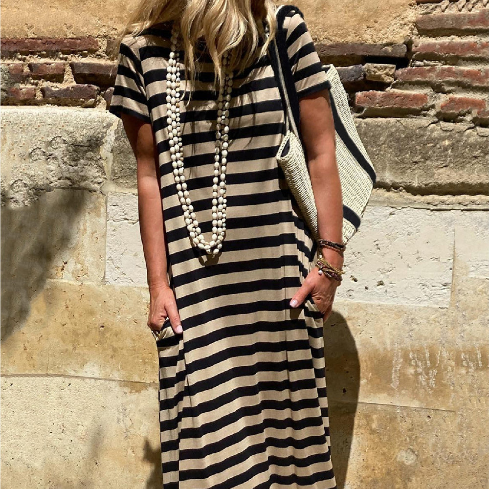 Womens Short Sleeve Pocket Casual Long Dress