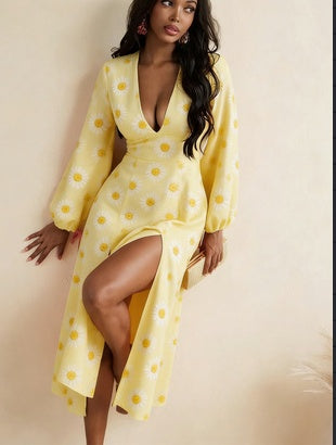 French Retro Style Deep V Puff Sleeve