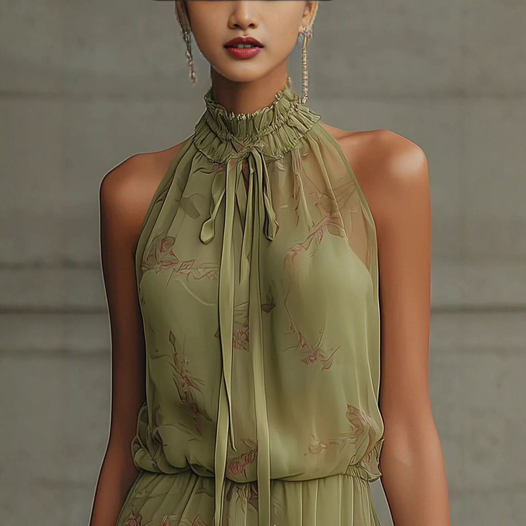 V Neck Waist Trimming Ruffles Elegant Dress