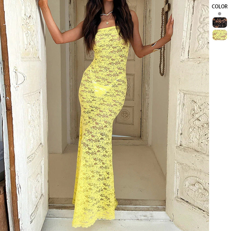 Lace Spliced Strap Backless Long Tube Dress