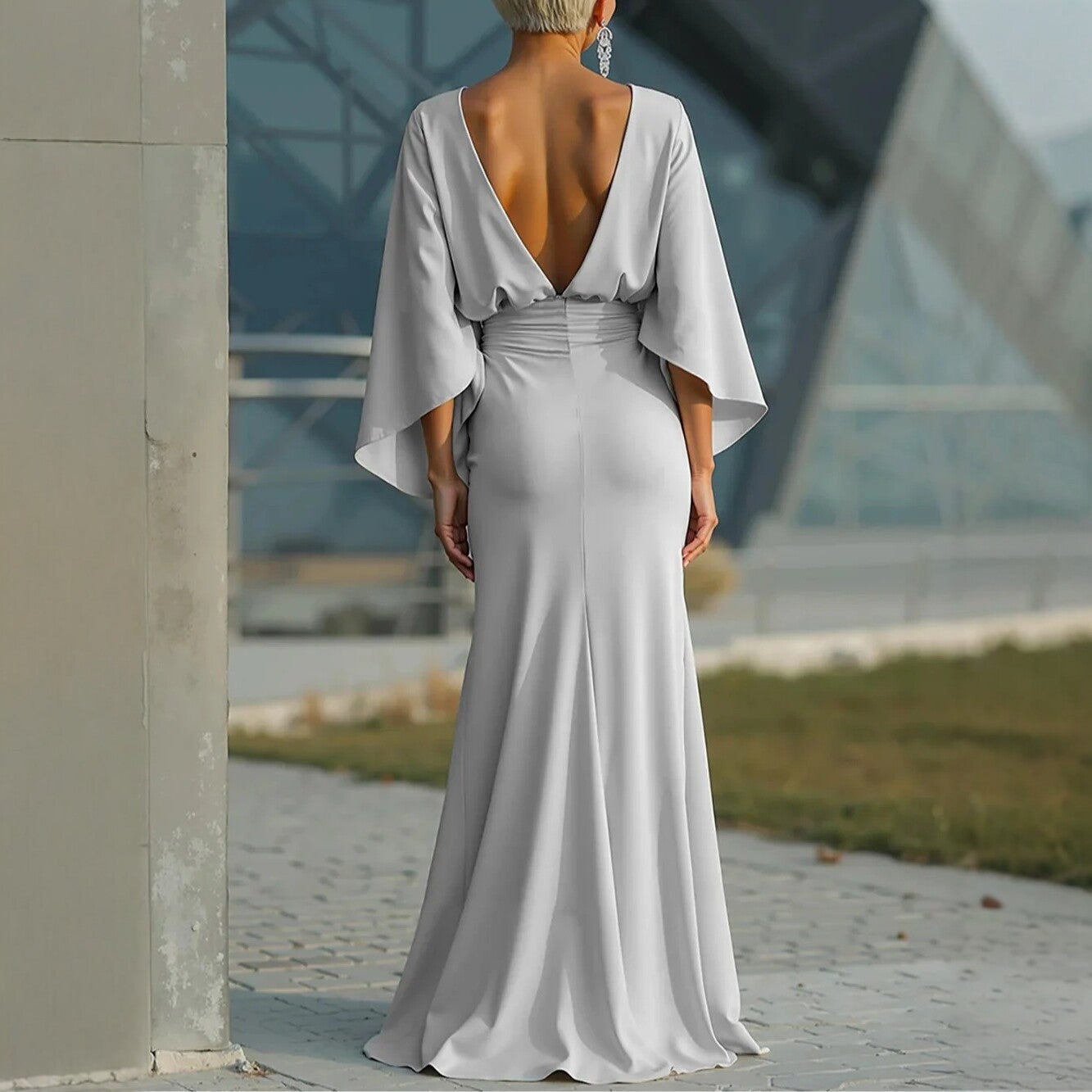 V-neck Waist Trimming Ruffles Elegant Dress