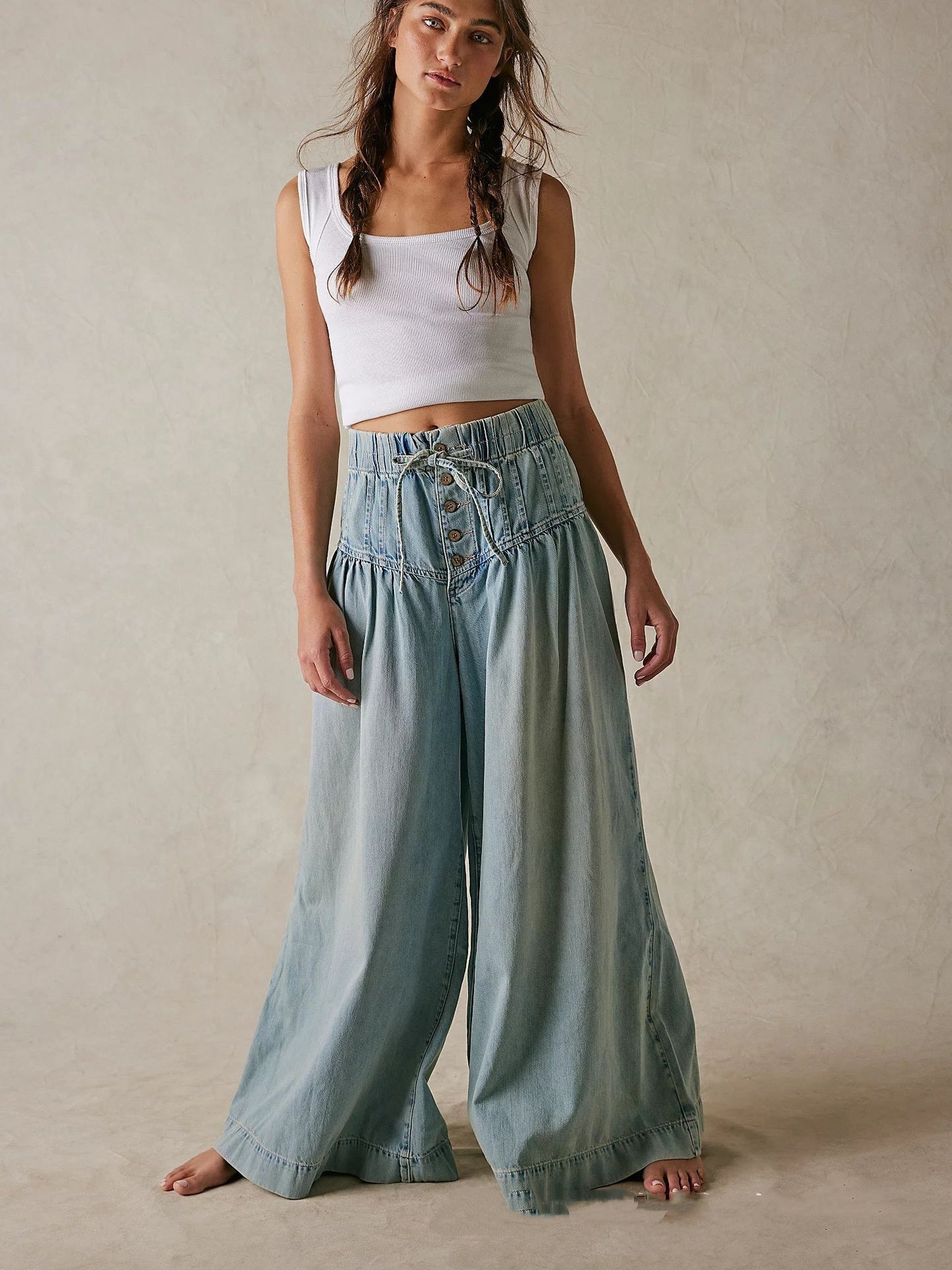 Women's Pleated Mid Waist Lace Up Loose Jeans
