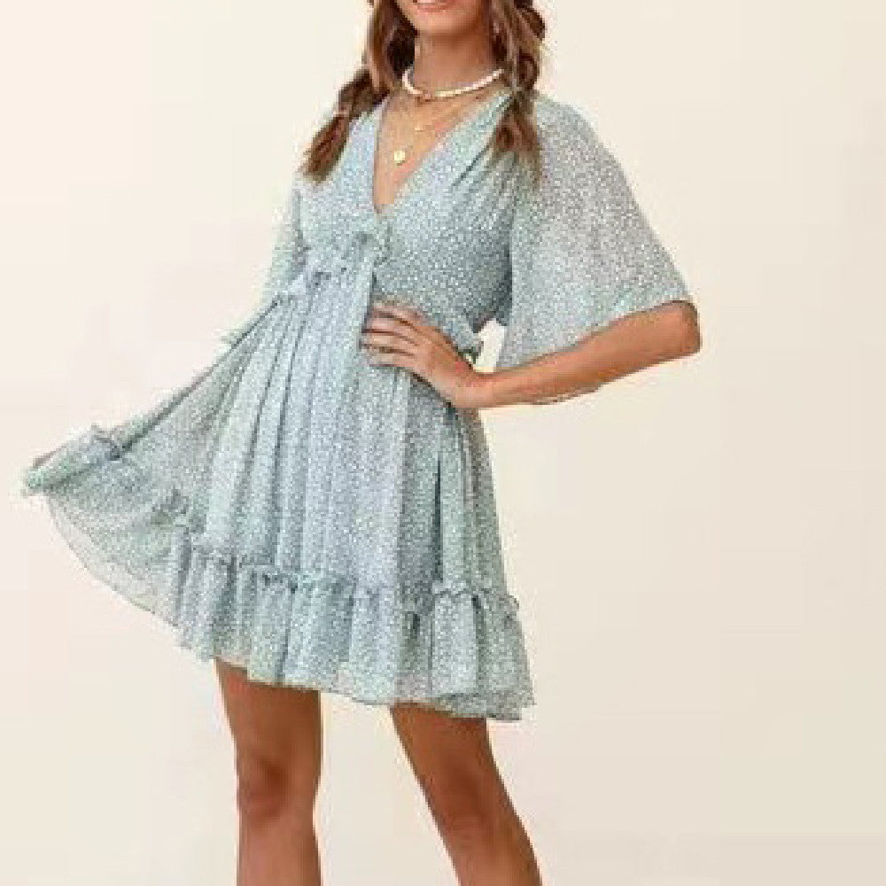 Fashionable Printed V Neck Ruffle Womens Dress
