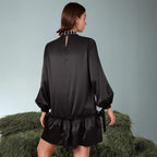 Solid-color Satin Dress With Intricate Pearl Detailing At The Neckline