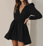 V Neck Waist Cinching Pleated Skirt With