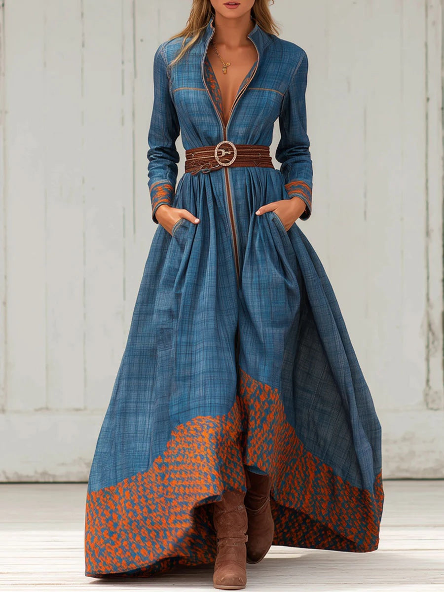Color-blocked Floral Patterned Stand-up Collar Fitted Waist Casual Long Dress