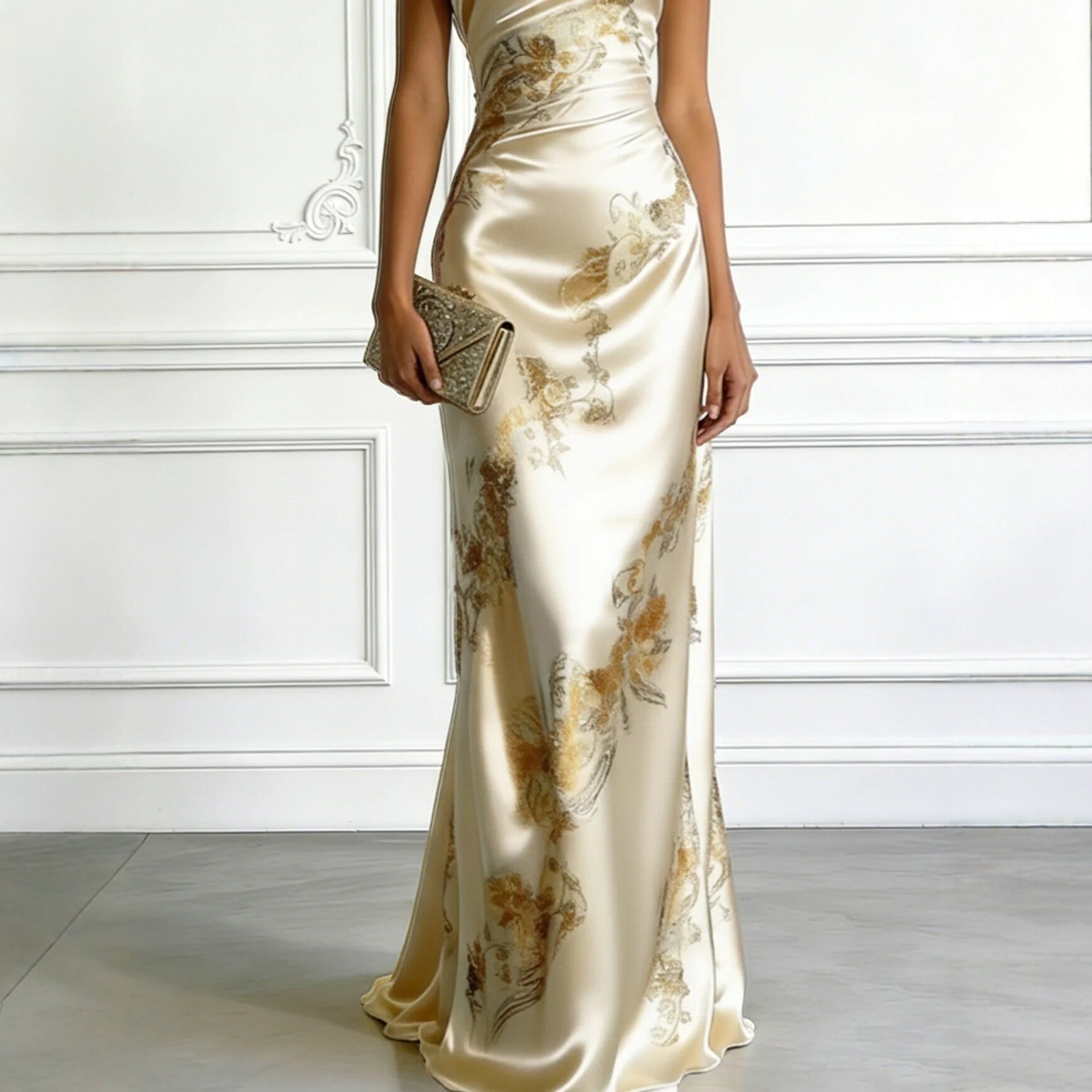 Golden Printed Off-Shoulder Slim-Fit Long Dress