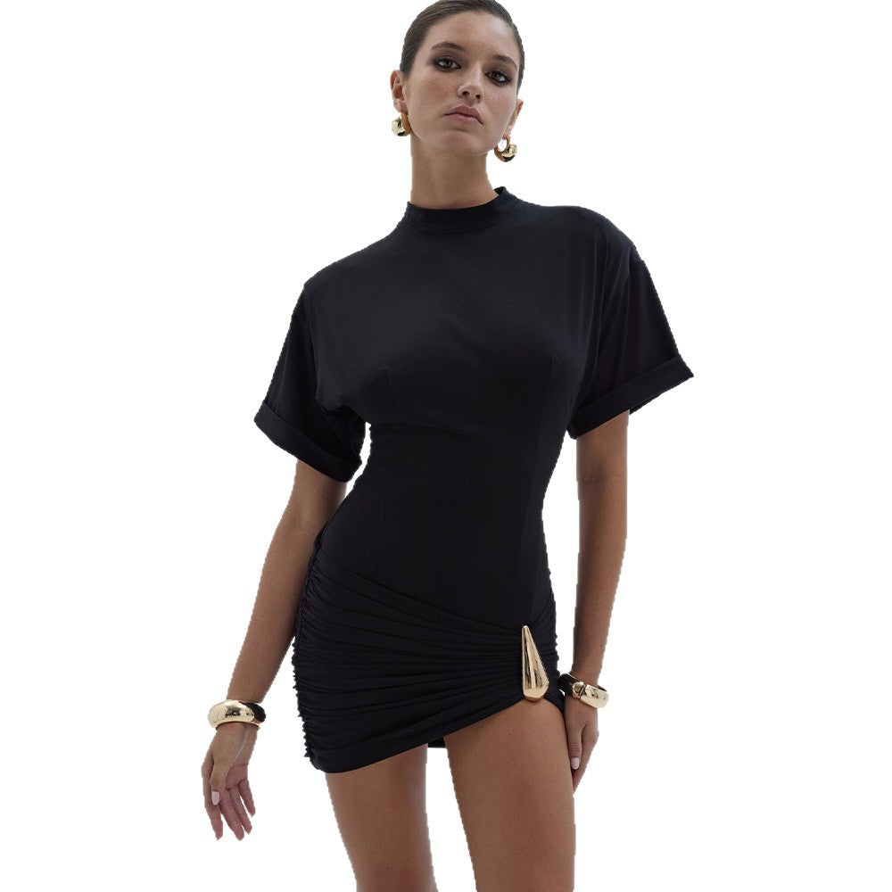 Womens Crew Neck Half Sleeve Pleated Sheath