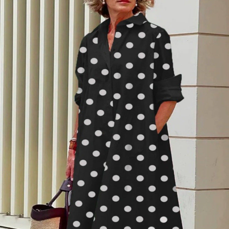 Elegant Polka Dot Printed Shirt Collar Mid