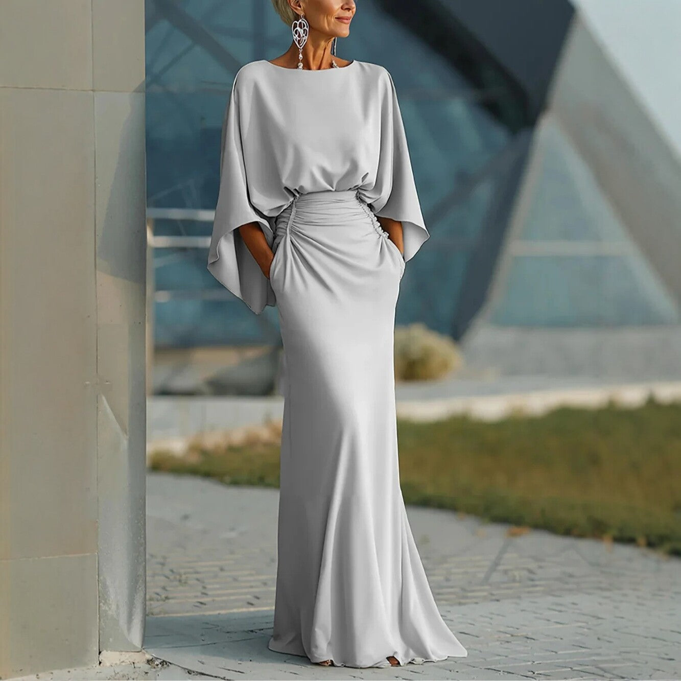 V-neck Waist Trimming Ruffles Elegant Dress