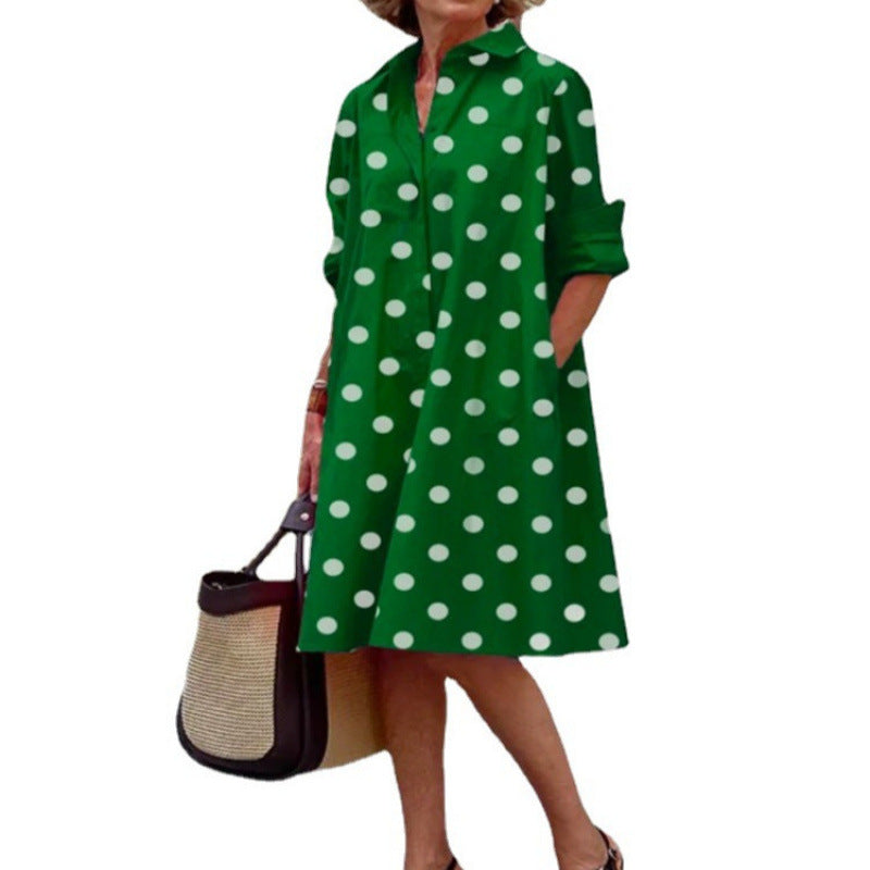 Elegant Polka Dot Printed Shirt Collar Mid