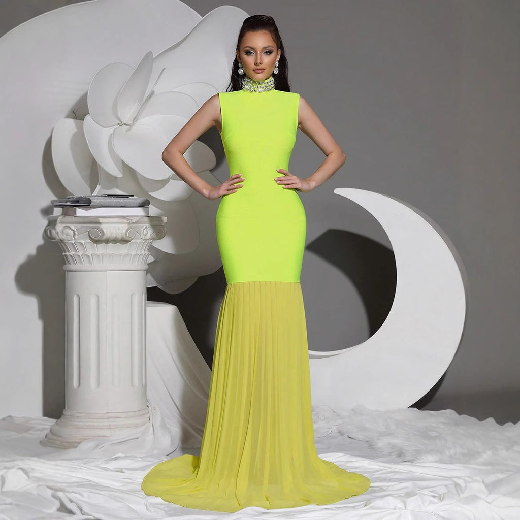 Womens Bandage Mesh Panel Long Dress